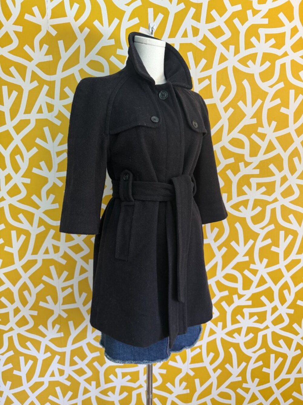 3/4 Sleeve Black Wool Trench-Style Pea Fall Winter Coat by Gap - XS/S